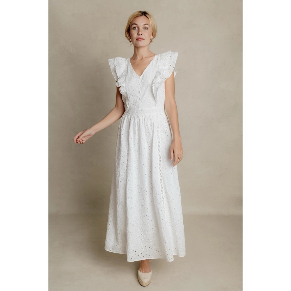 Just Me embroidery White Ruffle Trim Midi Dress Size L